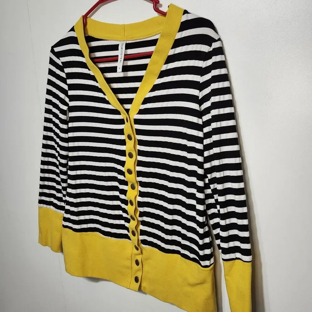 Tickled Teal Striped Snap Front Cardigan Black White Yellow Hipster M (Small) - Picture 2 of 11